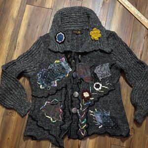 Tivoli Charcoal Cardigan with Multicolor Patches Medium